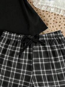 青少年女孩休閒寬鬆極簡風圓領短袖短褲家居服，適合春夏穿著 - 彩色 - 查看 4