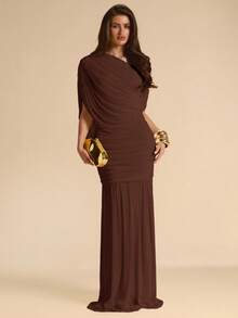 SHEIN BAE Autumn Solid Dark Brown Asymmetrical Shoulder Women's Elegant Fitted Bodycon Mesh Extra Long Fishtail Dress, Flowy Dress, Vacation, Beach Formal Party - Coffee Brown - View 2