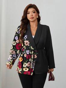 Reflora Plus Size Women's Floral Embroidered Shawl Collar Long Sleeve Elegant Blazer - Black - View 4