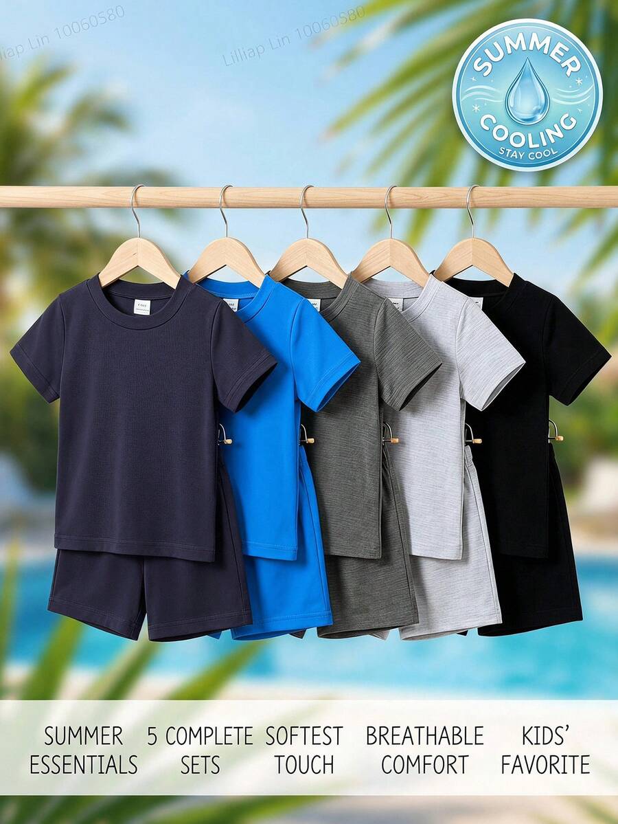 SHEIN 5套男嬰兒童休閒純色短袖軟綿2件套套裝 T恤短褲上衣 夏季服裝 度假海灘夏日穿搭 - 彩色 - 查看 1