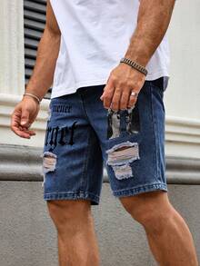 Manfinity Roughcore Men's Plus Size Letter Graphic Distressed Casual Denim Shorts - Dark Wash - View 5