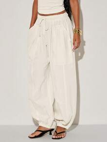 Normani Women's Off-White Balloon Pants, Summer Linen Casual Pants, Comfortable Elastic Waistband, Versatile Everyday Travel Trousers, Beige Style, Vacation - Beige - View 5