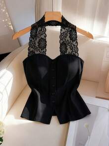 Elenzga Plus Size Women's Elegant Black Lace Patchwork Black Vest Design Date Inner Layer Pure Desire Lace Halter Neck Waist-Cinched Slimming Short Blouse Shirt For Commute And Office - Black - View 8