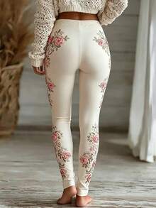 Bytebia Bytebia Women's New Fitted Vintage Romantic Elegant Print Leggings Party White And Pink Summer - Multicolor - View 2