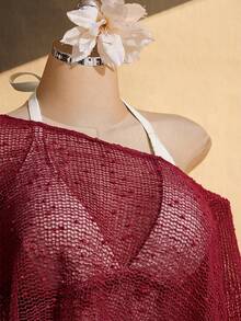 SHEIN ICON 女款大尺碼春夏鏤空網紗杏色上衣 - 酒紅色 - 查看 4