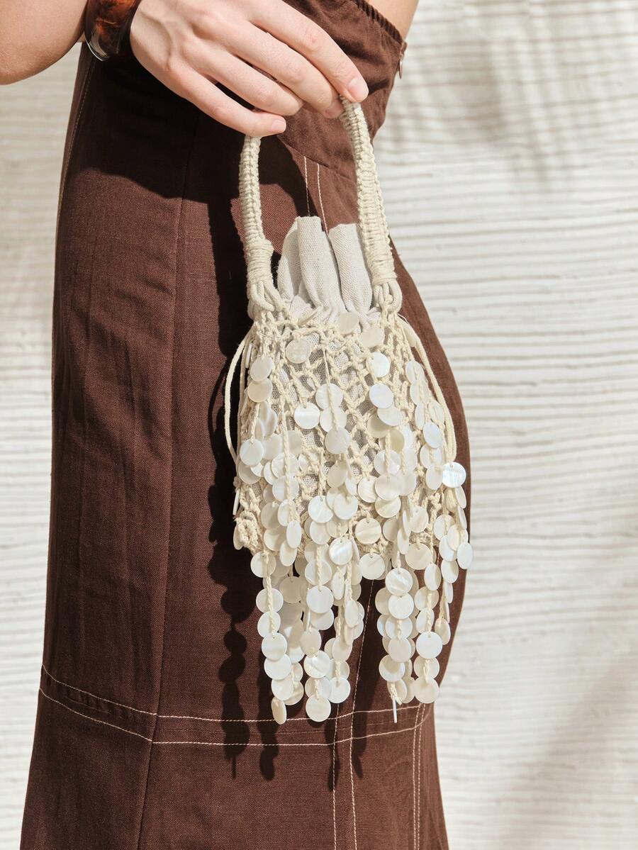SHECARRY Ladies Fashionable Elegance Spring Summer Heavy Industry Handmade Mesh Woven Tassel Round Faux Shell Piece Handbag, Vacation Seaside Beach Party - Beige - View 1