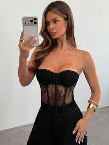 Firerie Women's Patchwork Floral Lace Fashion Sexy Shaping Bandeau Top Night Out Black Summer - Black - View 6