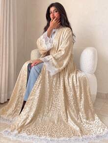 Yasmyna Abaya árabe para mujer color albaricoque tejida con estampado de leopardo, manga larga, ribete de encaje, conservadora, elegante y romántica - Albaricoque - Ver 7
