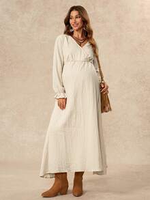 Boho Mama Apricot A-Line Dress With Ruffled Cuffs Cotton Fabric Suitable For Autumn Daily Wear Photoshoot And Vacation Country Style Maternity Normal For Women - Khaki - View 9