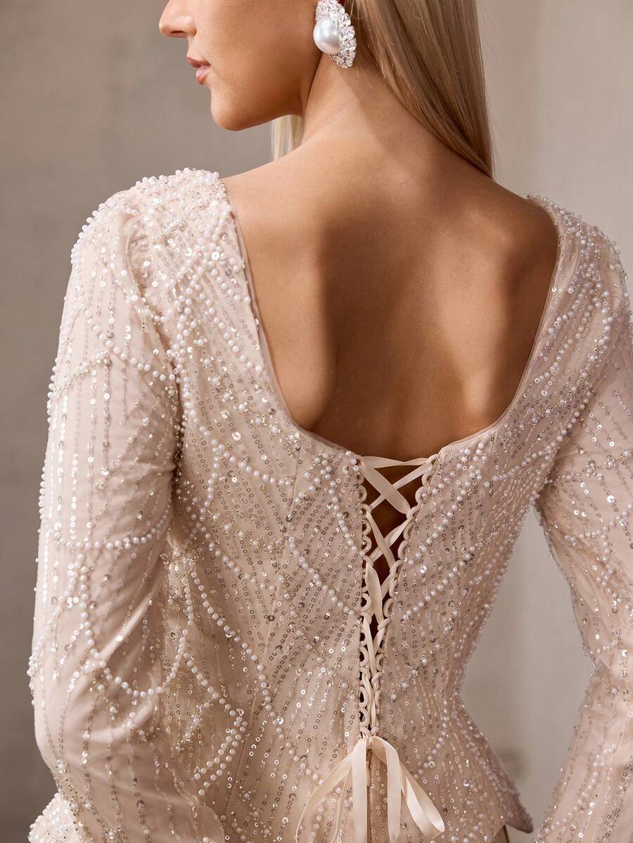 MOTF Soiréza ELEGANT WOMEN'S SQUARE NECK LONG SLEEVE BEADED CHIFFON PLEATED MAXI DRESS , WEDDING, PARTY