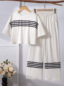 SHEIN 青少年女孩 2 件套，T恤 寬腿休閒，寬鬆，針織，極簡，返校，復古，修身，女孩套裝 寬腿 條紋 - 杏色 - 查看 3