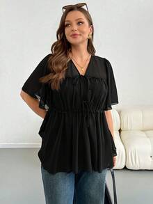 SHEIN Essnce 大尺碼夏季休閒百搭純色前綁帶襯衫 - 黑色 - 查看 6