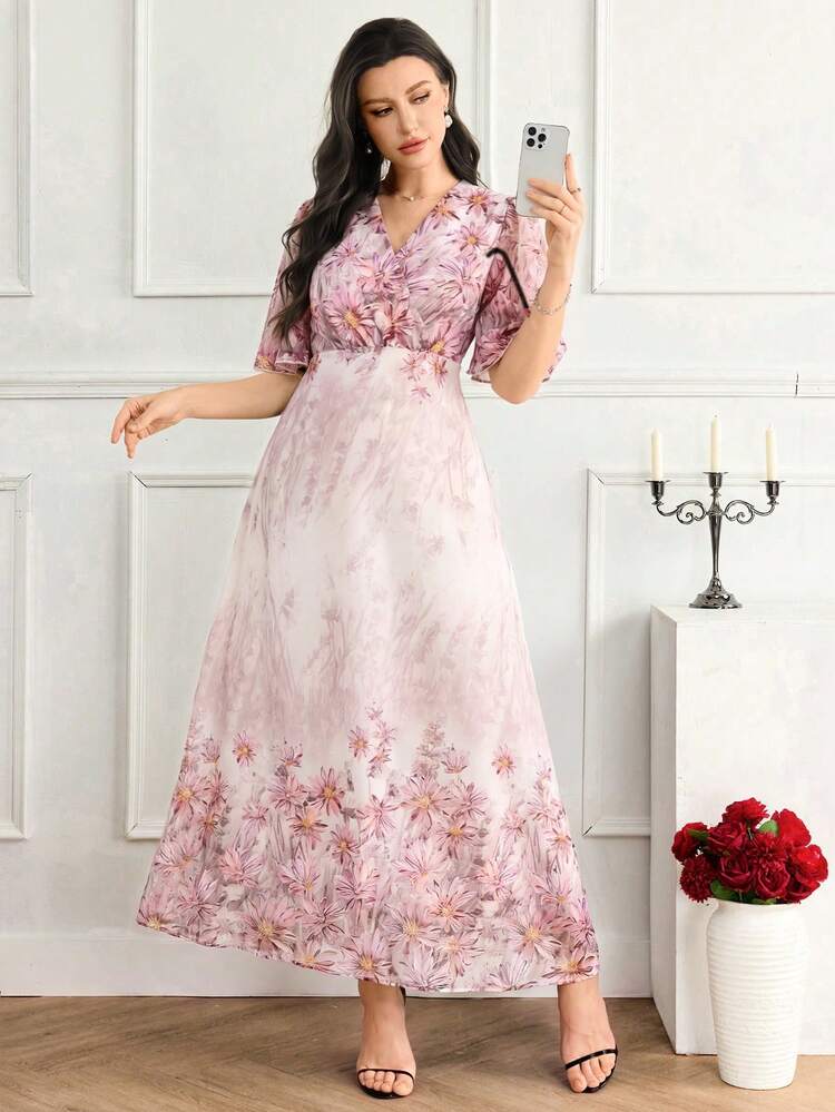 Feyla Women's Floral Print V-Neck Ruffle Short Sleeve Elegant Romantic Dress Vacation Pink Floral Summer - White - View 3