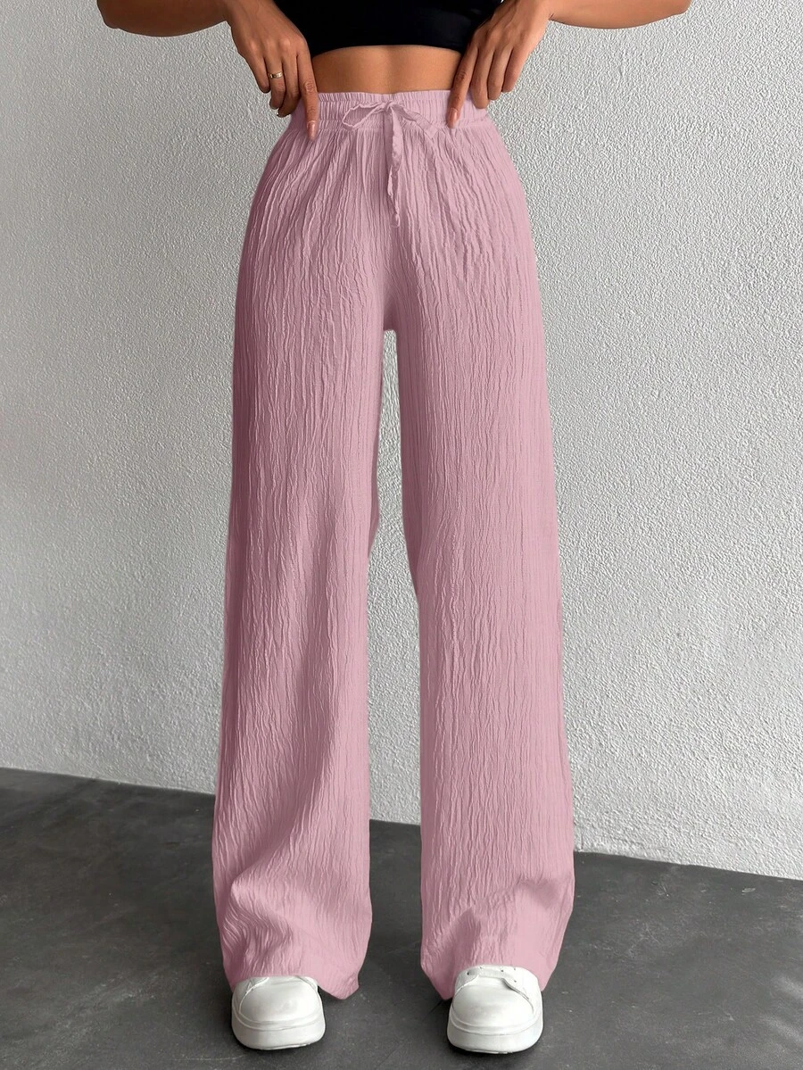 EURMUSE Women's Pure Cotton Small Size Solid Color Drawstring Long Waist Pants - Dusty Pink - View 1