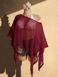 SHEIN ICON 女款大尺碼春夏鏤空網紗杏色上衣 - 酒紅色 - 查看 6