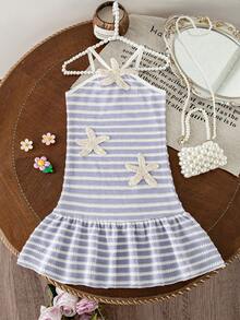 SHEIN Elladie kids 少女 YK2 夏季韓系新時尚甜美細肩帶露背彩虹條紋可愛度假洋裝 - 紫色 - 查看 5