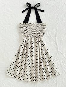 Elamini Women's Elegant Boho Casual Versatile Fashion Daily Vacation Black White Polka Dot Print Backless Halter Neck Short Dress, Summer Dress Beach - Yellow - View 1