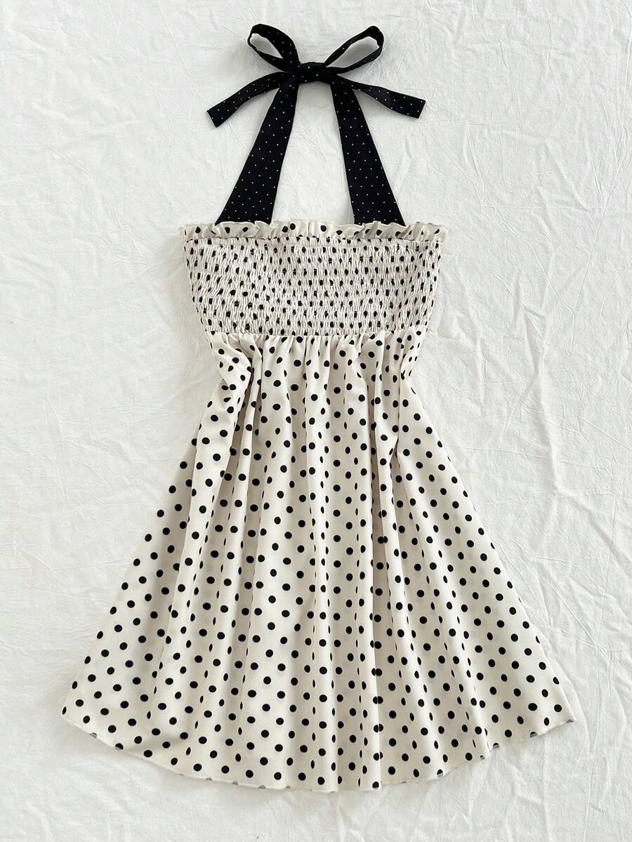 Elamini Women's Elegant Boho Casual Versatile Fashion Daily Vacation Black White Polka Dot Print Backless Halter Neck Short Dress, Summer Dress Beach - Yellow - View 1