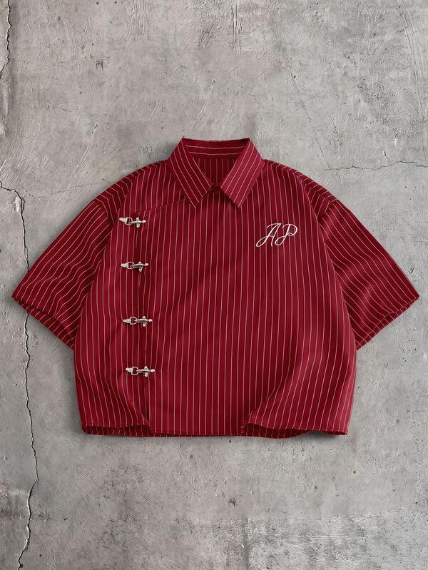 AXEPEAK Men's Versatile Embroidered Striped Short Sleeve Shirt With Airplane Buttons