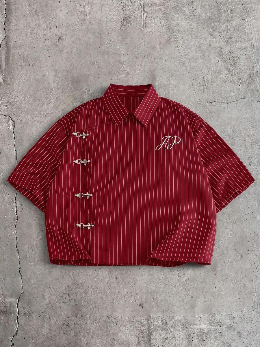 AXEPEAK Men's Versatile Embroidered Striped Short Sleeve Shirt With Airplane Buttons - Red - View 1