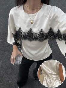 Aloruh Women's Elegant French Lacey Fashion Commute Office Brunch Dinner 2 In 1 Cape Shawl Style Blouse Lace Trim Teachers' Day White Black Summer - Beige - View 1