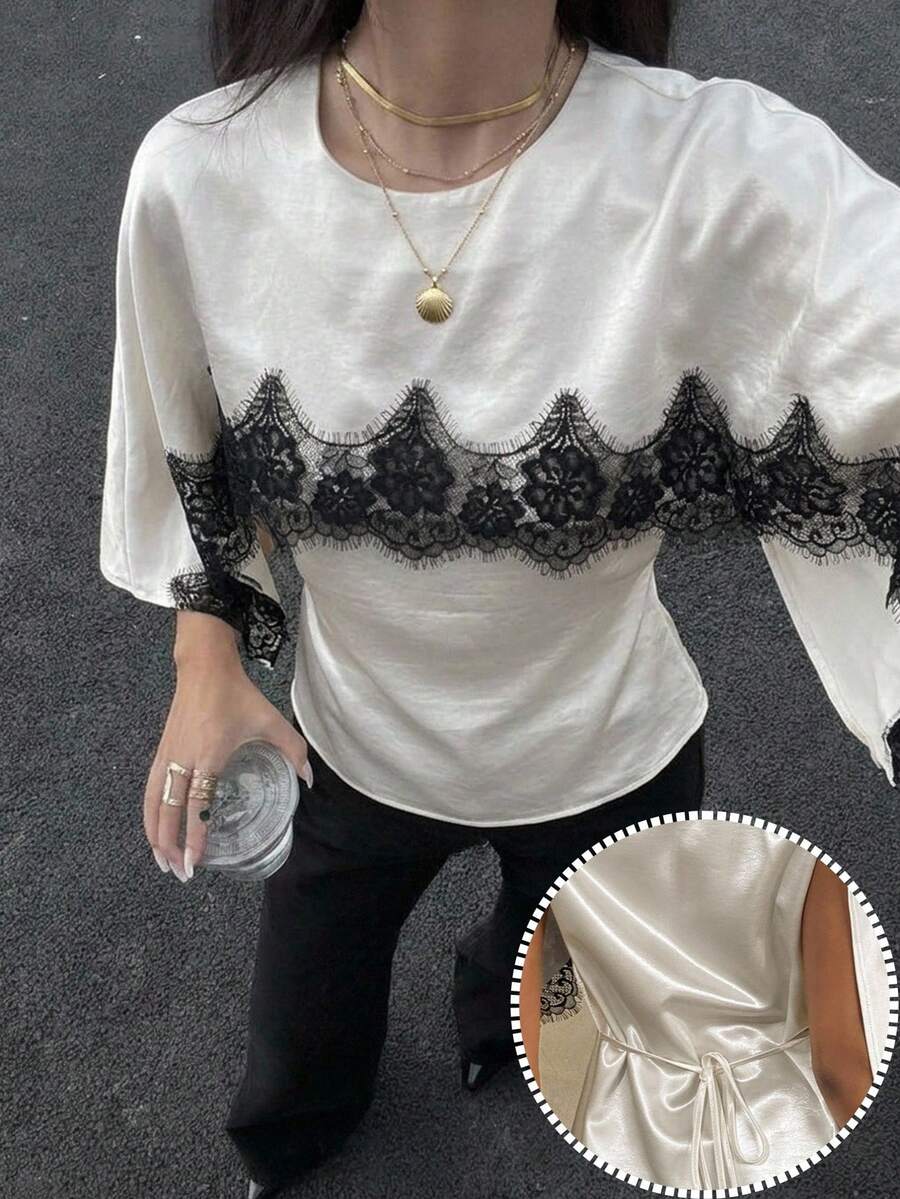 Aloruh Women's Elegant French Lacey Fashion Commute Office Brunch Dinner 2 In 1 Cape Shawl Style Blouse Lace Trim Teachers' Day White Black Summer - Beige - View 1