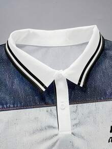 Manfinity Dauomo 男士標準尺寸 Polo 衫，夏季戶外上衣，經典復古藍灰色條紋印花圖案，騎士馬印花圖案，圖案設計，通勤商務風，休閒優雅風，戶外、辦公穿著、日常穿著 - 彩色 - 查看 4