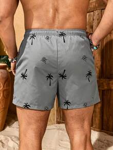 Manfinity KASUA Pantalones cortos de playa de verano con cordón y estampado de palmeras casual para hombres - Gris - Ver 2
