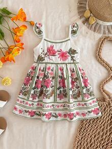 Travachic KIDS Travachic KIDS 1 Stück Baby Mädchen Lässig Süßes Muster Platzierung Retro Muster Blumen Vintage Stil Ärmellos Elastischer Taille Kleid - Weiss - Übersicht 4