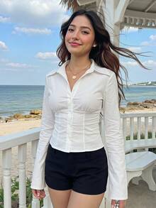 SHEIN 青少年女孩優雅百搭純色白色長袖百褶腰長袖襯衫，適合通勤、日常穿著，春/夏季，白色襯衫，白色女式襯衫 - 白色 - 查看 12
