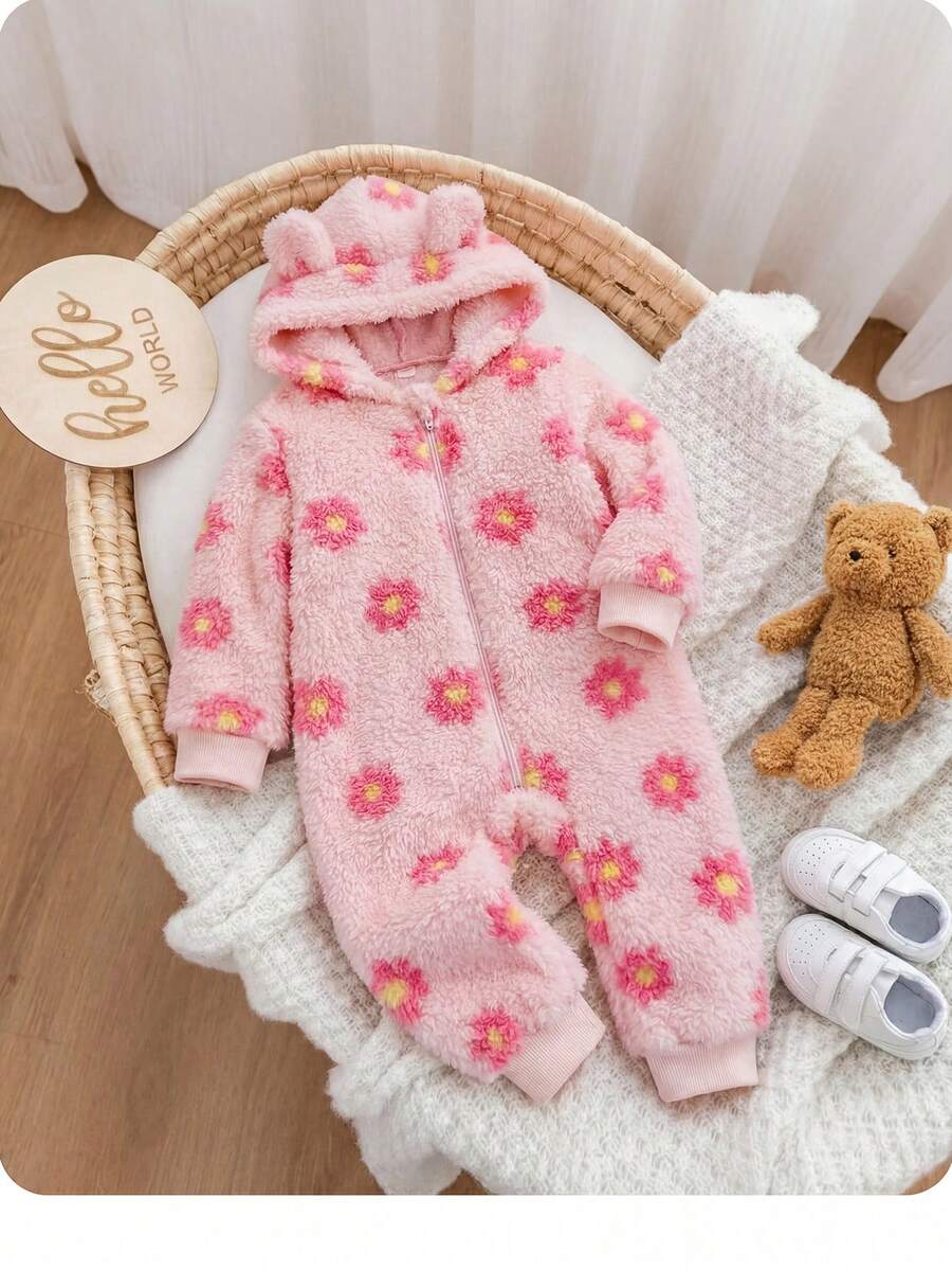 SHEIN LMoss Kids 新生女嬰可愛秋冬款毛茸茸花卉圖案長袖連帽連身衣 - 彩色 - 查看 1