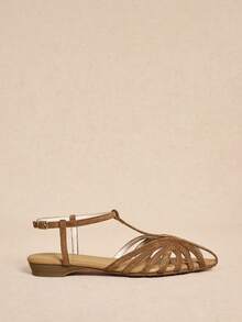 Rosivie Sandalias planas de mujer Camel con tejido T, punta esmerilada, estilo bohemio, para vacaciones y uso diario - Caqui - Ver 9