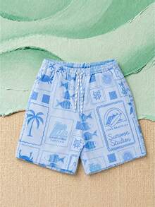 SUMWON Boys Tween Swim Shorts With Tropical Stamps All-Over Print Drawstring Waist Summer Beach Vacation Swimwear - Blue - View 1