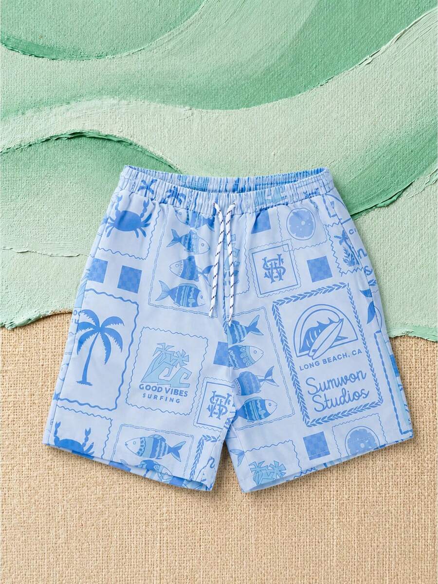 SUMWON Boys Tween Swim Shorts With Tropical Stamps All-Over Print Drawstring Waist Summer Beach Vacation Swimwear - Blue - View 1