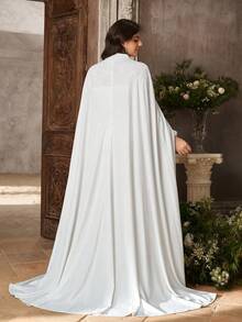 Aureia Plus Size Elegant White 2 In 1 Cape Lace Patchwork Elastic Fabric Round Neck Long Sleeve Mermaid Tail Train Dress Dinner Formal Wedding Autumn - White - View 2