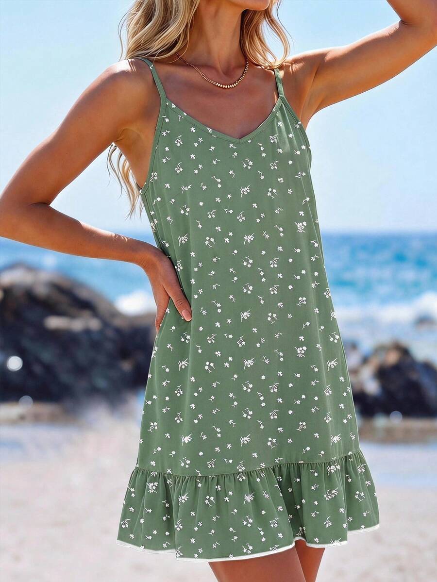 SHEIN LUNE 女款印花迷你荷葉邊細肩帶洋裝，休閒簡約復古優雅通勤百搭保暖豆沙綠田園碎花圖案，海灘穿搭，度假穿搭，女款夏季穿搭，女款出遊穿搭