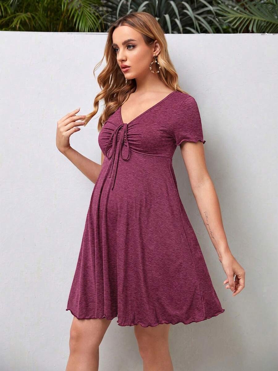 SHEIN Maternity Vacation Casual Ruched Tie-Up Dress For Daily Wear - Rose Red - View 1