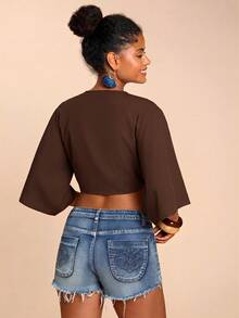 Travachic Women's Solid Color Front Knot Batwing Short Sleeve Fashion Shirt Beach Vacation Coffee Brown Summer Tropical - Brown - View 2