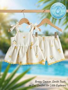 SHEIN Playful Pals 2件套女婴幼儿/新生儿0-3岁休闲日常可爱度假条纹蝴蝶结装饰吊带背心+短裤套装，春夏款 - 白色 - 查看 1