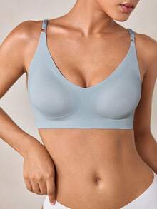Veilyse 1 pièce Soutien-gorge sans fil amovible rembourré de couleur unie, soutien-gorge de sport sans couture délicat et respirant pour femmes - Bleu ciel - Voir 6