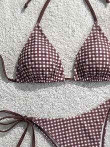 Swim Vcay 女款夏季海灘格紋掛脖綁帶性感比基尼三角褲兩件式泳衣套裝 - 彩色 - 查看 4