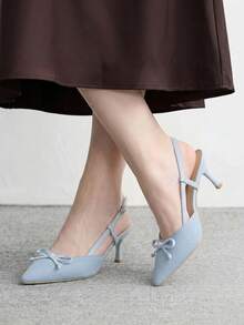 CUCCOO BIZCHIC 女款尖頭亞麻通勤日常百搭蝴蝶結裝飾小貓跟露跟高跟鞋 - 淺藍色 - 查看 5