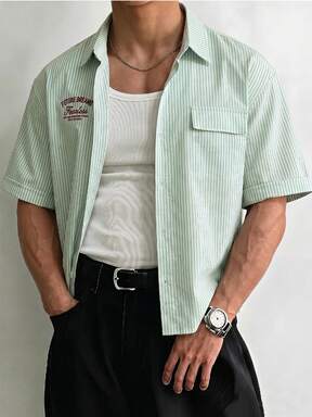 ESTAVOR Men's Striped Print Short Sleeve Single-Breasted Casual Shirt