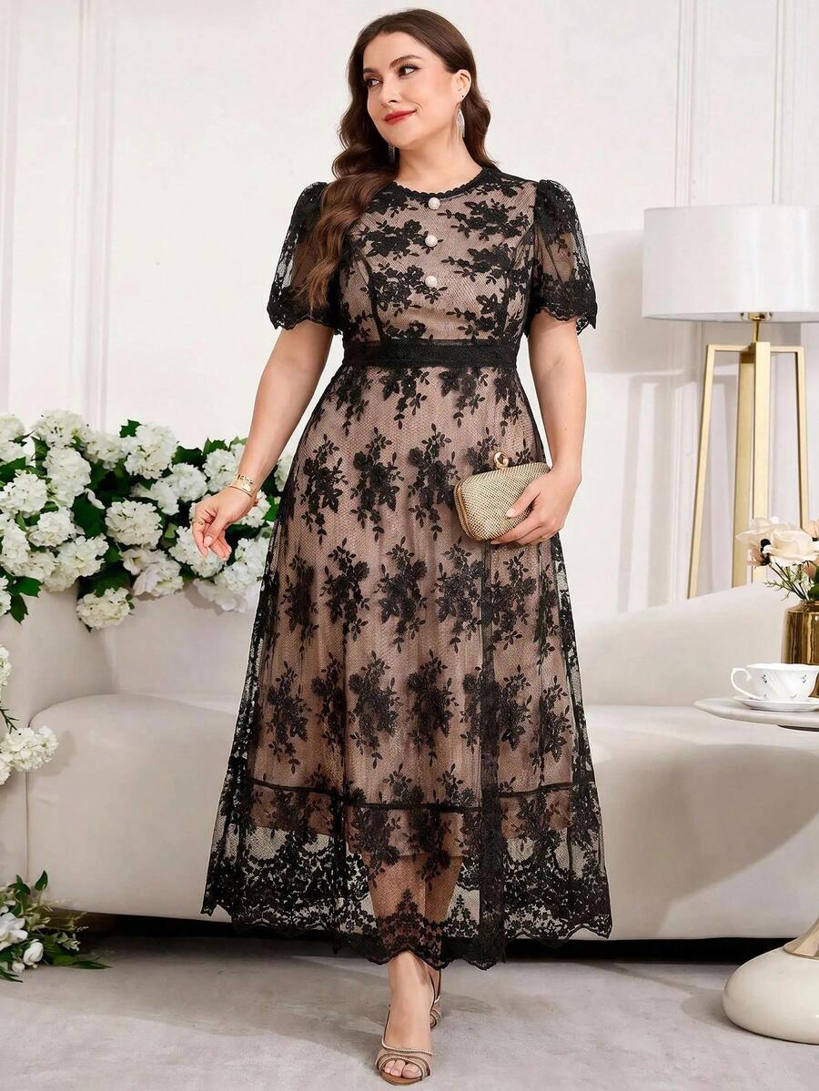 Reflora Vestido elegante de talla grande con patchwork de encaje, cuello redondo y manga corta - Negro - Ver 1