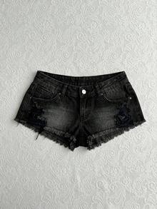 SHEIN Women's Ultra Low Waist Frayed Hem Denim Mini Shorts With Pockets - Black - View 5