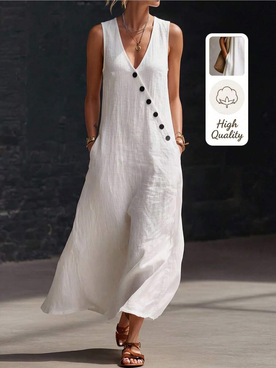 Solivie Women's Solid Color Button Design V-Neck Pocket Casual Sleeveless Long Dress Vacation All White Summer - White - View 1