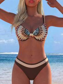 Swim Lushoire Glamour Summer New Women's Swimsuit Underwire Push-Up Gathered Double Shoulder Straps Spaghetti Strap Back Adjustable Triangle Bikini 2pcs Set - Multicolor - View 1