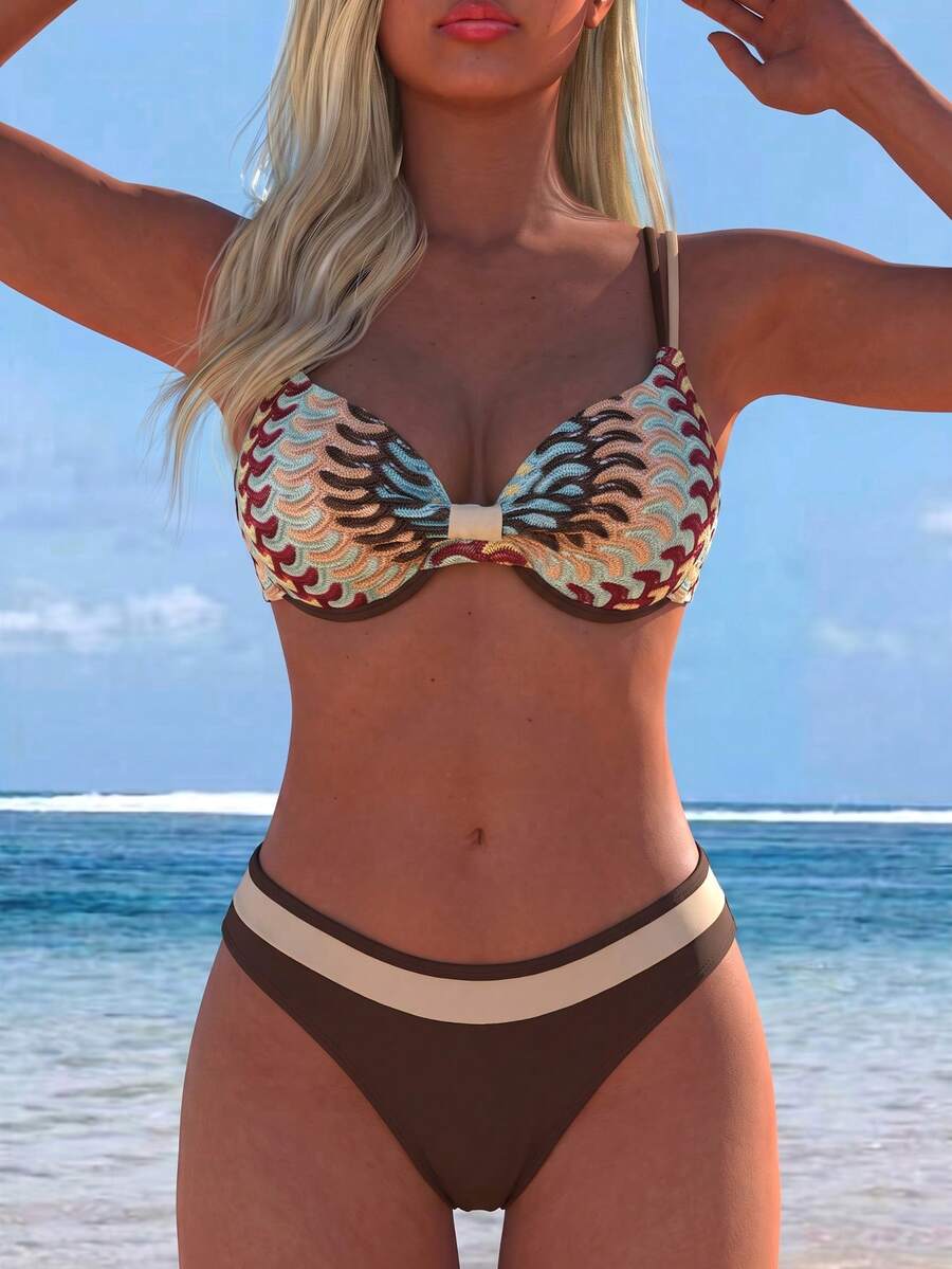 Swim Lushoire Glamour Summer New Women's Swimsuit Underwire Push-Up Gathered Double Shoulder Straps Spaghetti Strap Back Adjustable Triangle Bikini 2pcs Set - Multicolor - View 1