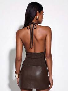 Normani Kaos Wanita Polos dengan Kerah Berlipat, Modis, Serbaguna untuk Pemakaian Sehari-hari - Coklat - View 2