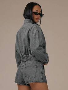 MUSERA Denim High Neck Balloon Sleeve Zip Through Jacket Spring Summer Cute Cosy Cottage Core Spring Dew - Grey - View 2